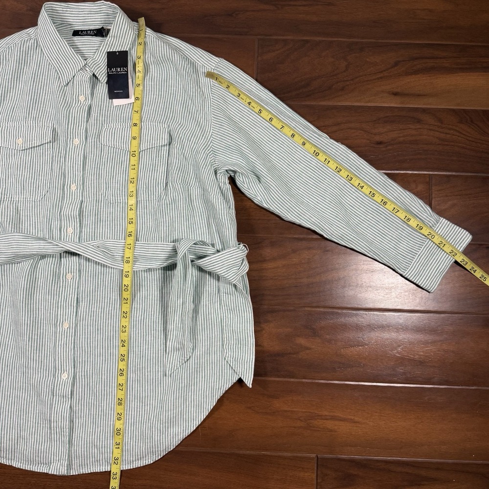 Lauren Ralph Lauren Women's Size 1X Green White Striped Belted Linen Shirt Top - Picture 4 of 10